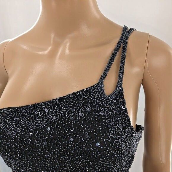 Vintage 90s Scala Silk Gown Black Beaded Sequins Off Shoulder Siren Size M - Picture 11 of 13